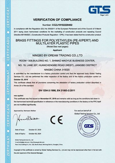 ce certificate for pex fitting